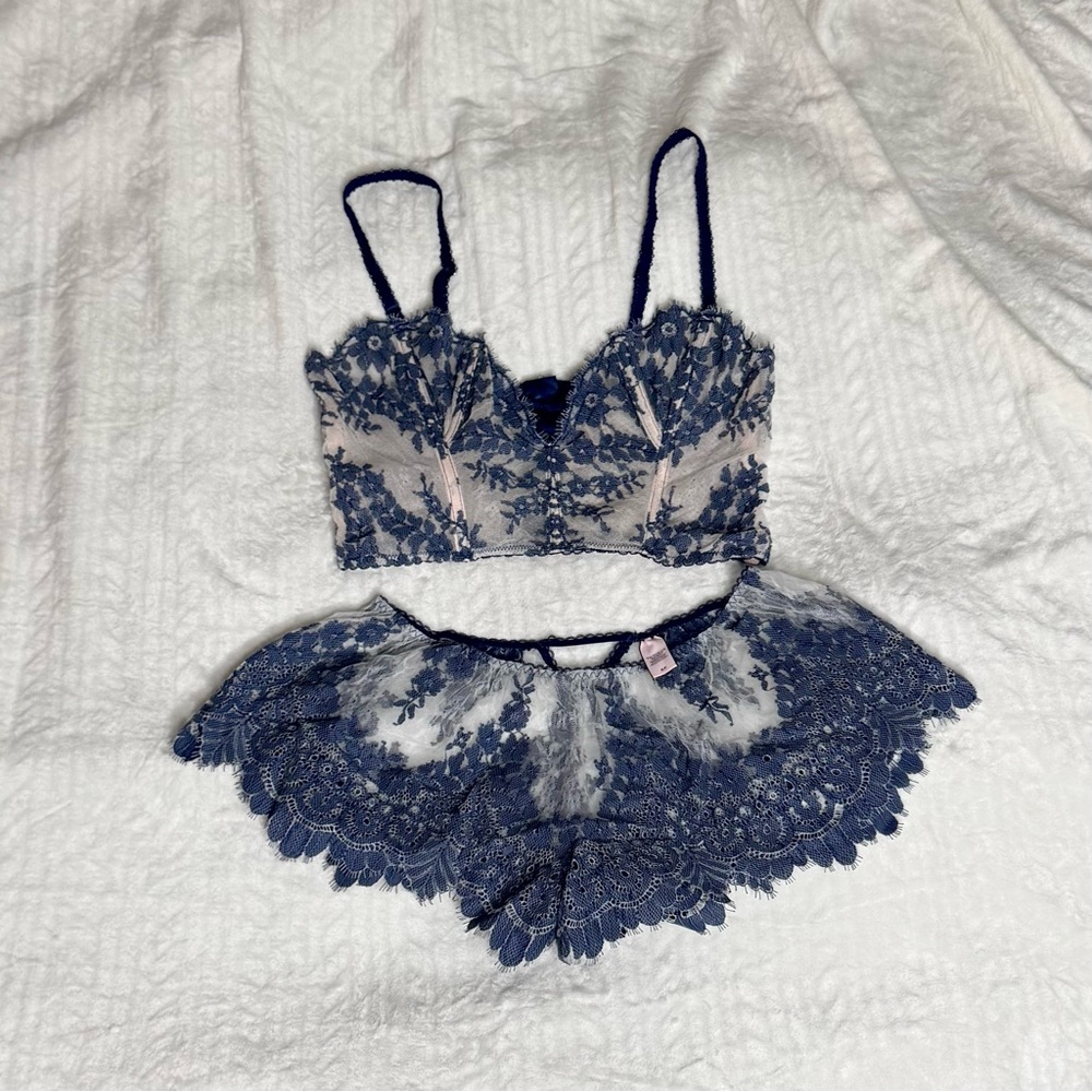 Blue Lace Bralette and Skirt Set